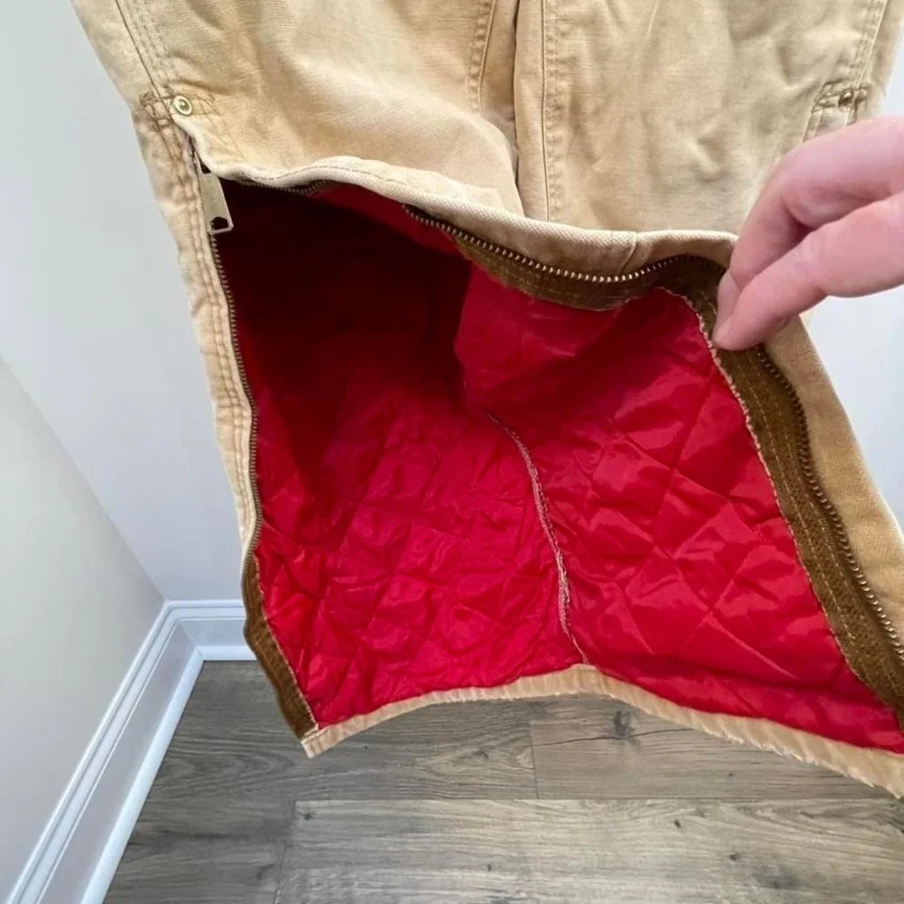 Carhartt red lined bib overalls vtg thrashed 36x29 double knee duck canvas work - Picture 4 of 6